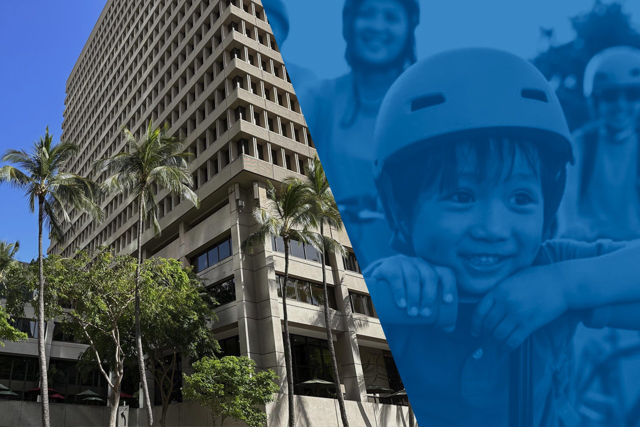 Davies Pacific Center & A child wearing a helmet on a scooter with his parents